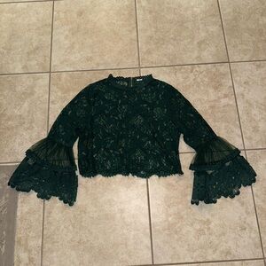 Stylish Vintage OG Forest Green Lace Long Bell Sleeve Blouse Shirt